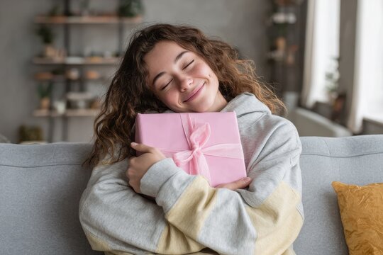 Joyful teenage girl cuddling a pink gift on the couch smiling as she gazes outside