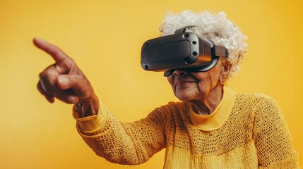 A joyful senior woman immersed in the exciting world of virtual reality, showcasing fun and innovation