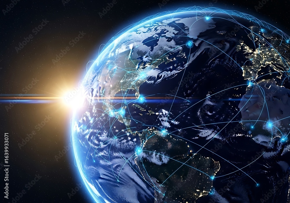 Poster global network connecting the world with digital communication and technology spreading across the p