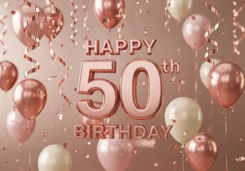 Rose Gold "Happy 50th Birthday" Text with Balloons, Confetti, and Streamers on Soft Background