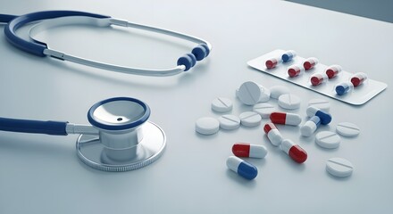 Medical stethoscope and pills on white background
