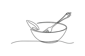 One Line Drawing of Bowl with Spoon, Minimal Kitchen Utensil Vector Illustration