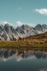 Fototapeta premium Cows Grazing by Mountain Lake
