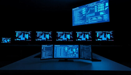 Modern security operations center with multiple glowing blue screens displaying data