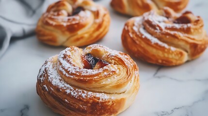 Fototapeta premium Serving of Sweet Pastries with Fruit Filling and Powdered Sugar