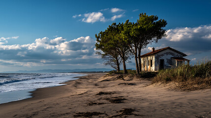 Abandoned House on Serene Beach with Gentle Waves, Sandy Shore, and Distant Mountains
