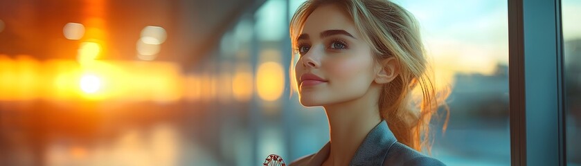 Fototapeta premium A woman in a suit holding a miniature Ferris wheel in profile