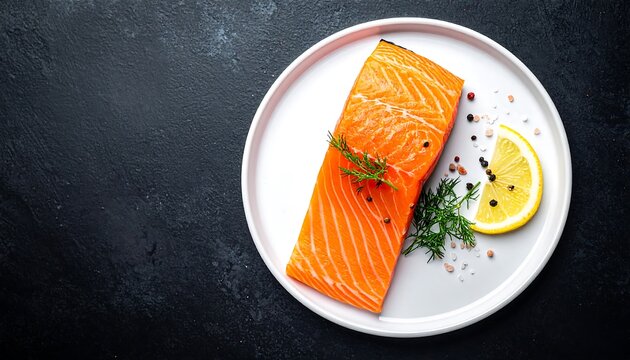 Raw salmon fillet on plate