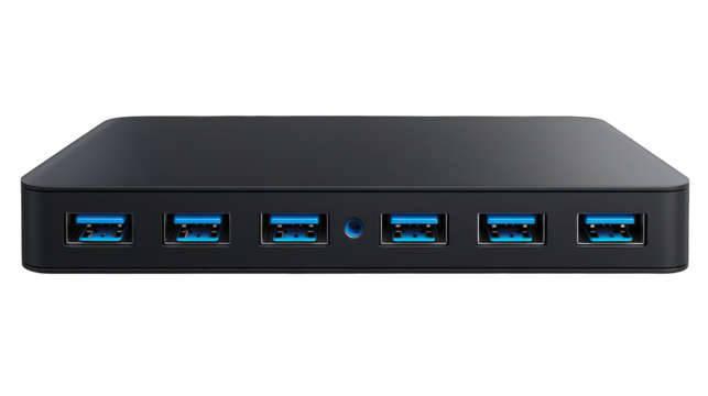 Black USB hub with glowing blue ports