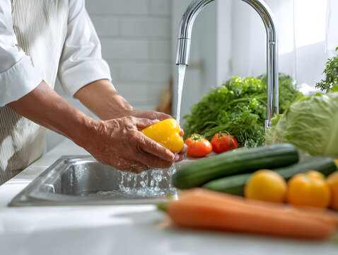 man washing fresh vegetables plain