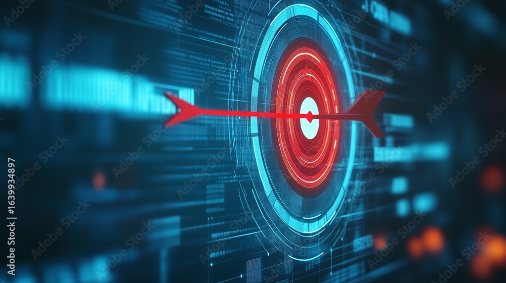 Poster arrow hitting the center of a red target with futuristic blue digital interface elements around it