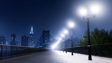 Serene blue hour view of city bridge with glowing streetlights, wooden walkway, and skyline featuring illuminated skyscrapers in background