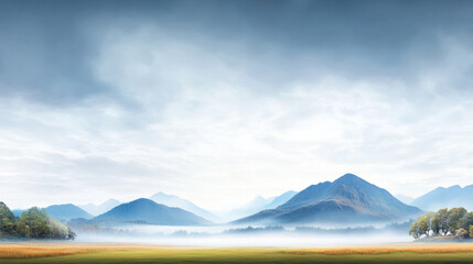 Serene landscape featuring blurred hills under heavy sky with fog rolling in, creating tranquil and dreamy atmosphere. foreground showcases grassy field with scattered trees