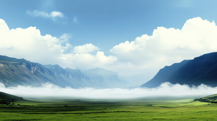 Serene valley with lush green fields surrounded by blurred hills under heavy sky, with fog rolling in and soft clouds creating tranquil atmosphere