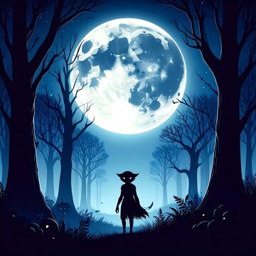 A mystical figure in a dark forest under a full moon