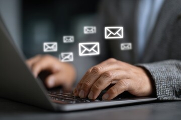 Business professional typing on laptop with glowing email icons in digital communication context