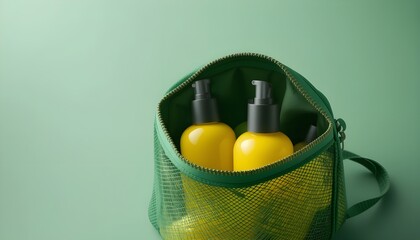 Yellow Cosmetic Bottles in Green Mesh Pouch Mockup