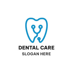 Dental care logo concept in simple line. Smiling tooth and stethoscope vector illustration. Healthcare icon