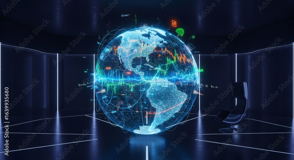 Poster a holographic earth globe displaying global financial data and charts in a futuristic control room.