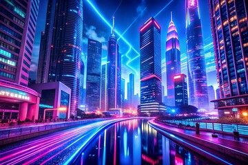 Obraz premium Vibrant futuristic city skyline with neon light trails at night
