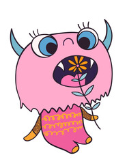 Funny hand drawn doodle vector monster with open mouth eating a flower, Fun animal for baby and kids graphic designs