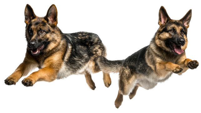 Two German Shepherd dogs leaping with mouths open and tongues out