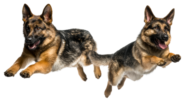 Two German Shepherd dogs leaping with mouths open and tongues out