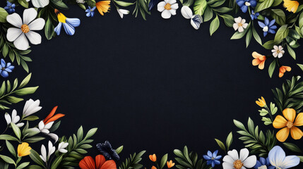 Floral border with vibrant flowers and green leaves on dark background, creating colorful and elegant frame. design features variety of blossoms in blue, yellow, orange, and white tones