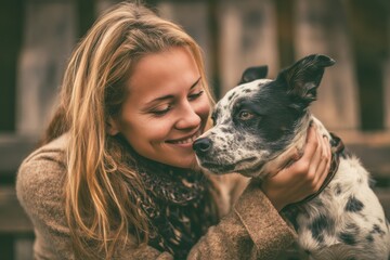 Middle aged woman petting a dog