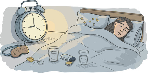 Hand-drawn cozy bedtime scene: sleeping woman with alarm clock and night essentials