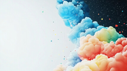 Bright neon colored cosmic clouds blend seamlessly with starry night sky, creating dreamy and vibrant celestial scene filled with scattered stars and soft gradients