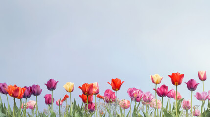 Colorful tulip field with vibrant red, yellow, pink, and purple flowers stretches under bright blue sky, evoking cheerful and serene atmosphere