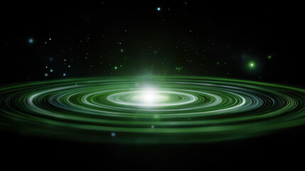 Glowing green nebula with concentric rings radiates light in cosmic space scene, surrounded by stars and dark background, evoking sense of mystery and wonder