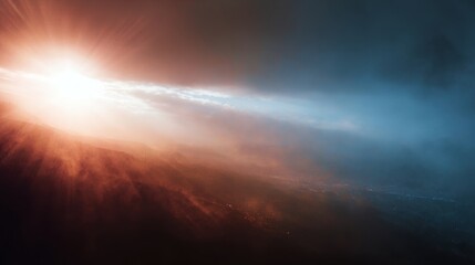 Misty view of sunrise on quiet road at dusk, seen through window on a foggy day