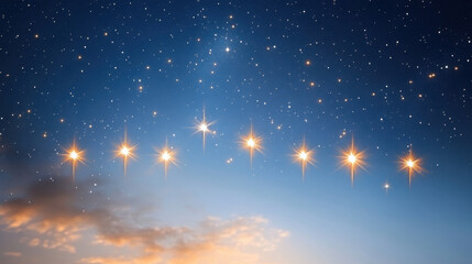 Glowing stars sparkle in serene twilight sky with soft clouds, creating dreamy and magical atmosphere of celestial beauty