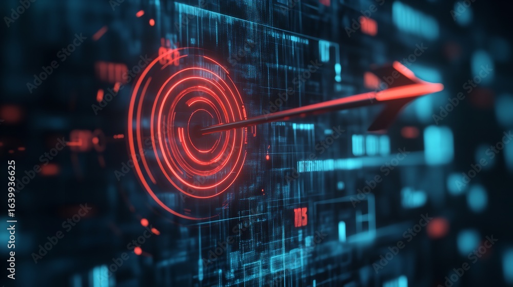 Poster an arrow piercing a red target on a futuristic interface with glowing blue details and dark backgrou