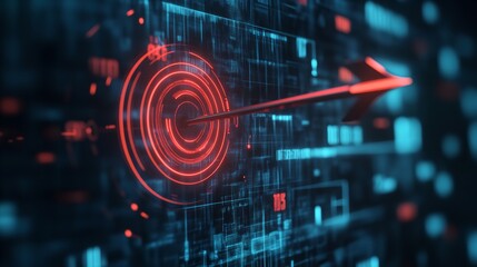 An arrow piercing a red target on a futuristic interface with glowing blue details and dark background