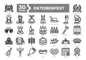Oktoberfest icons collection set featuring beer, traditional outfits, instruments, and German food. Perfect for event posters, menus, and celebration-themed designs.