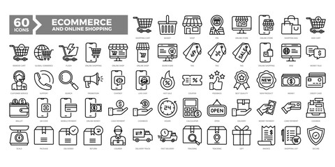 eCommerce and Online Shopping icons collection set featuring carts, payments, delivery, sales, and support. Perfect for online stores, apps, UX/UI, and marketing materials.