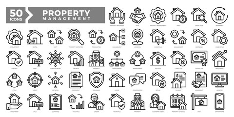 Property Management icons collection set including rental, insurance, inspection, contracts, and real estate tools. Ideal for agencies, listings, property apps, and investment visuals.