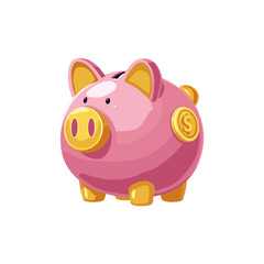 Fototapeta premium Cute pink piggy bank with a coin slot and shiny yellow details sits on a plain white background, symbolizing savings and financial education