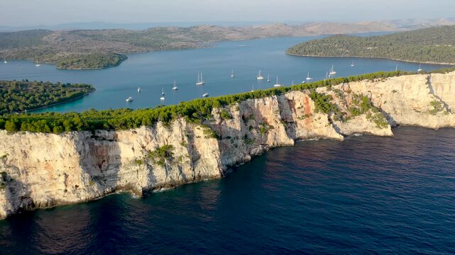 Aerial view of the dramatic white cliffs, or crowns, in Telascica Nature Park on Dugi Otok Island