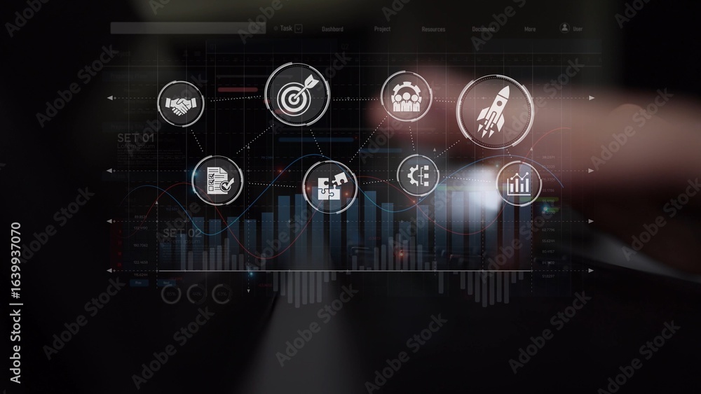 Poster project management dashboard showing project management strategy, planning, project management workf