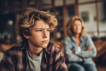 Image of distressed teenage boy at home being reprimanded by his mother highlighting family conflict