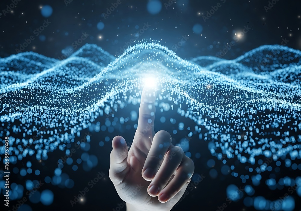 Poster a finger touches a glowing point on a digital landscape representing future technology and innovatio