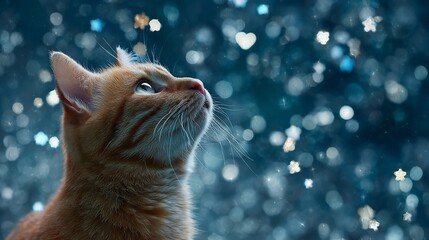 Ginger cat gazing up, dreaming of stars and bokeh in the night sky