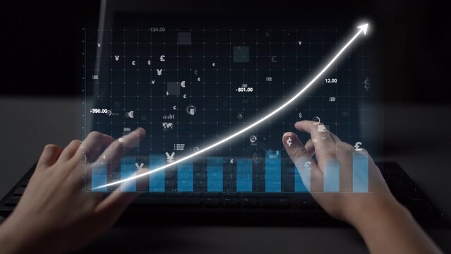 A captivating image showcasing hands manipulating a digital graph that represents financial growth with various cryptocurrency icons on a laptop. Copula - Powered by Adobe