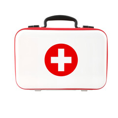 Obraz premium Compact white and red first aid kit with medical cross symbol isolated on transparent background