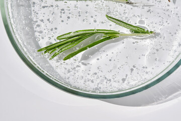 The texture of cosmetic hyaluronic gel in a petri dish and a sprig of rosemary.