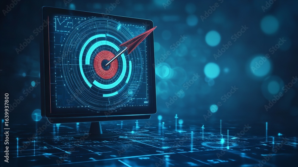 Poster computer screen displaying a target with a red paper airplane hitting the bullseye accurately